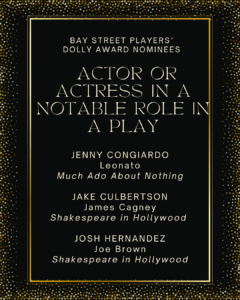 ACTOR OR ACTRESS IN A NOTABLE ROLE IN A PLAY JENNY CONGIARDO Leonato Much Ado About Nothing JAKE CULBERTSON Jame Cagney Shakespeare in Hollywood JOSH HERNANDEZ Joe Brown Shakespeare in Hollywood